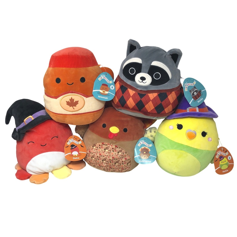 Squishmallows 8" Plush Lot of 5 Halloween Autumn Turkey Raccoon Witch Bird NWT
